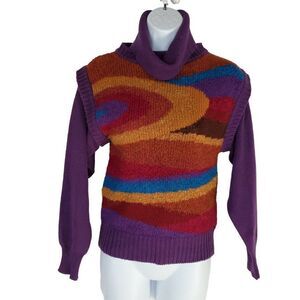 Vintage70s Mariea Kim Turtle Neck Sweater S Abstract Geometric Stripe Purple